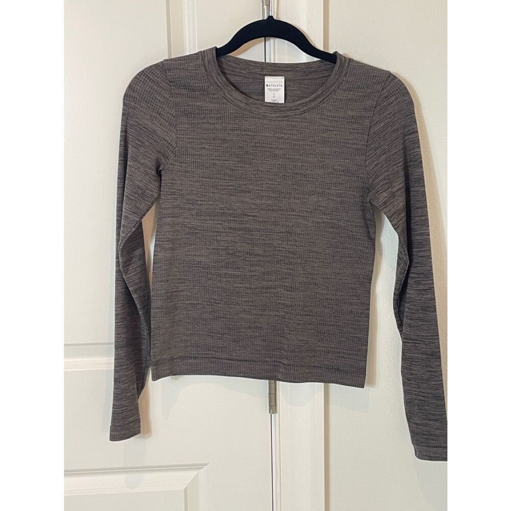 NWOT Athleta Heathered Brown Ribbed Crew Neck Top